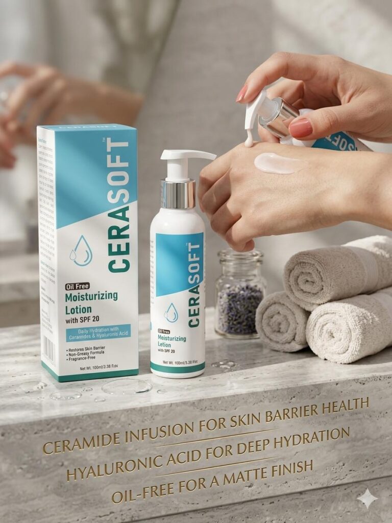CeraSoft lotion being dispensed onto the back of a hand