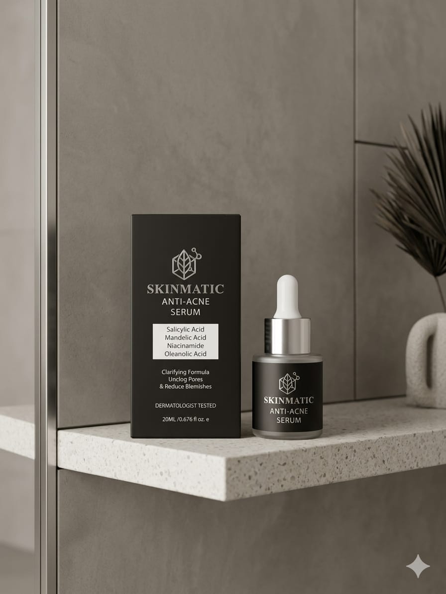 Anti-Acne Serum on a bathroom shelf